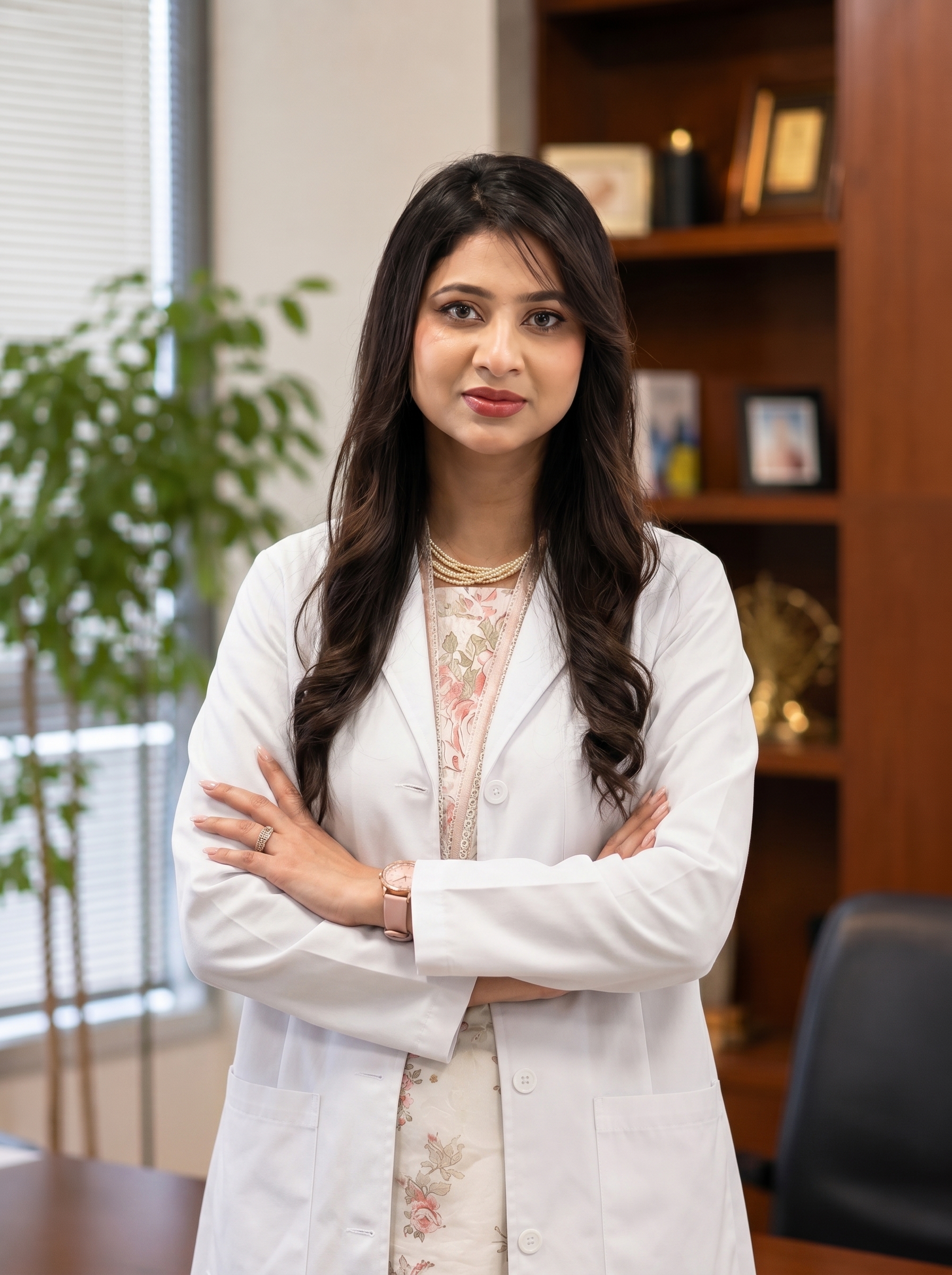 Portrait of Dr. Roha Razzaque, workshop instructor, standing in a clinical office in a white coat